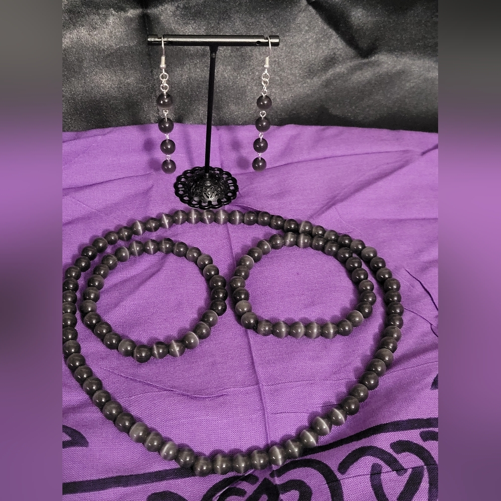 Enchanted Dark Gray Cat-Eye Selenite Jewelry Set